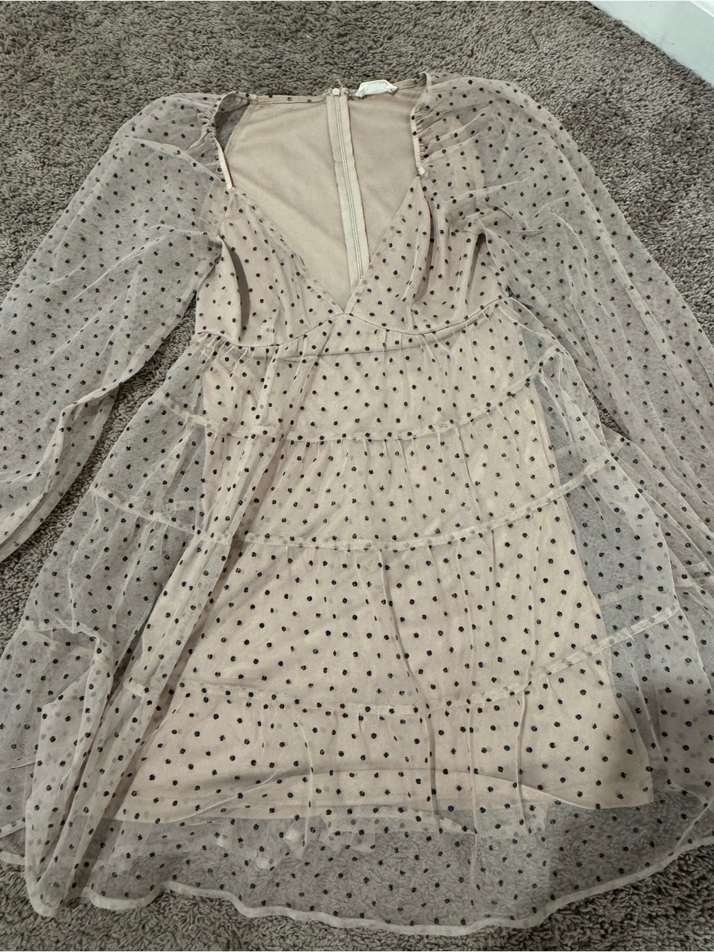 Polka dot sheer tiered long sleeve mini dress